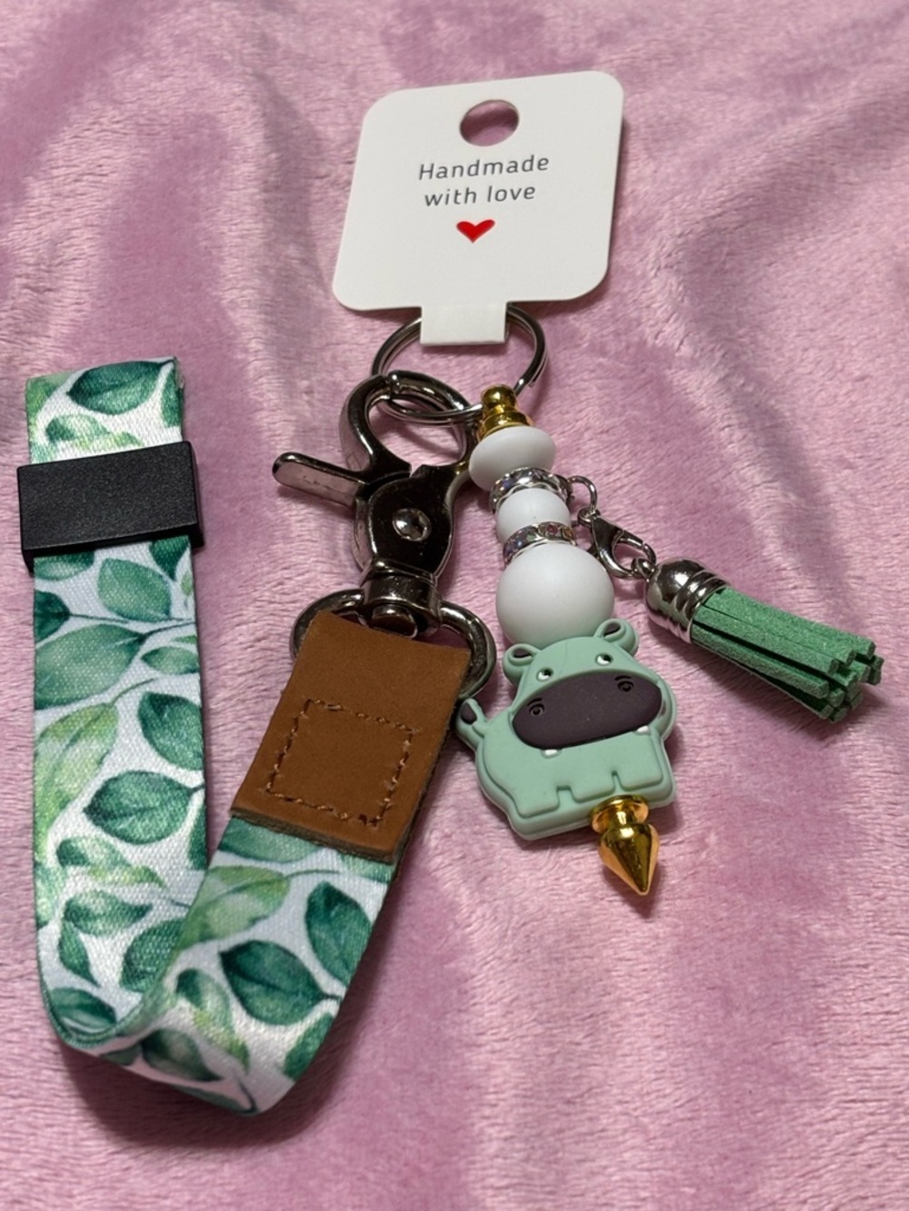 Handmade Green Hippo Keychain Wristlet Fun Accessories